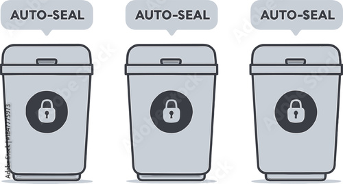 Three Auto Seal Trash Cans in a Row Illustration