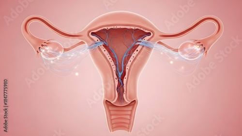 Ultra-detailed 3D medical illustration of the human uterus during the follicular phase of the menstrual cycle, showing thin regenerating endometrium, uterine cavity, blood vessels, and hormonal activi