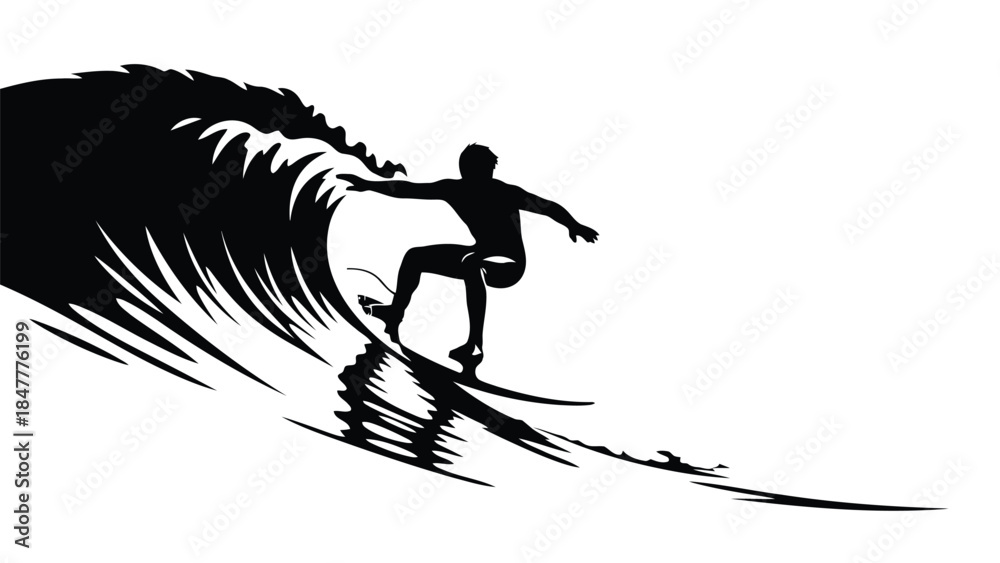 Fototapeta premium Man surfing on a wave in silhouette style isolated on white background