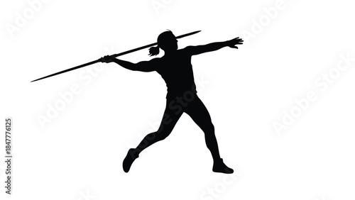 Black silhouette of a female athlete throwing a javelin in a dynamic running pose isolated on white background