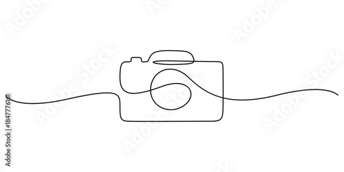 Minimalist one-line drawing of a camera, Unbroken outline of a digital single-lens reflex (DSLR) camera