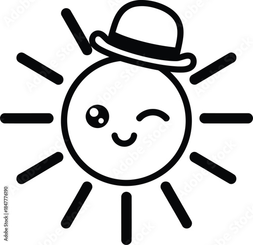 Charming Winking Sun Character Wearing a Hat, a Delightful and Whimsical Illustration for Joyful Designs
