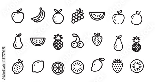 A set of twenty different outline fruit icons showing apple banana grapes watermelon pineapple cherry pear strawberry