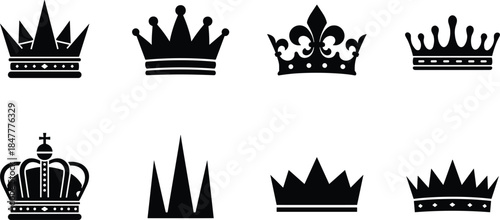 Elegant black silhouette assortment of eight different regal, medieval, and classic crown designs perfect for branding, emblems, and decoration.