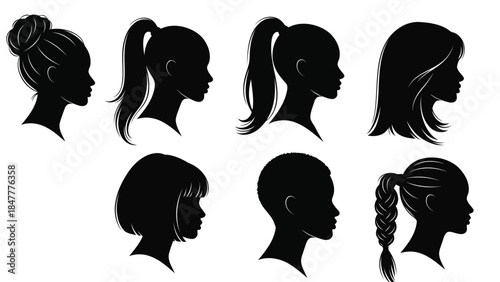 A collection of seven different women's profile silhouettes illustrating various popular hairstyles