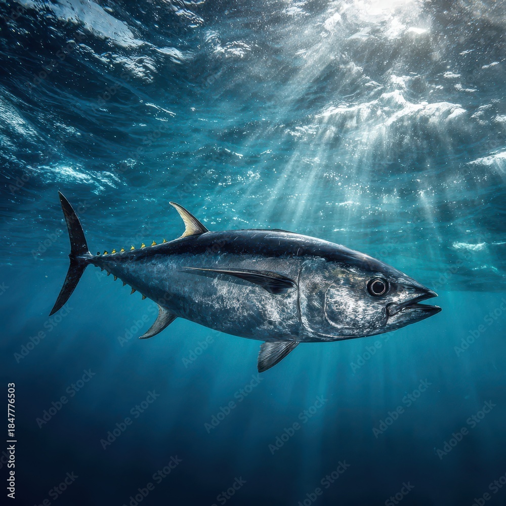 Obraz premium Blackfin tuna gliding through crystal blue open water