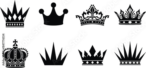 Elegant black silhouette assortment of eight different regal, medieval, and classic crown designs perfect for branding, emblems, and templates.