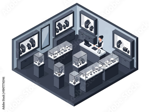 Isometric 3D view of a luxury jewelry store interior featuring elegant display cases and premium retail ambiance, perfect for luxury branding and high-end shopping concepts