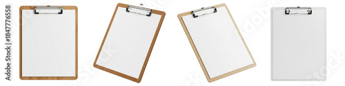 Collection of clipboards with blank white paper isolated on white