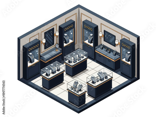 Isometric 3D view of a luxury jewelry store interior featuring elegant display cases and premium retail ambiance, perfect for luxury branding and high-end shopping concepts
