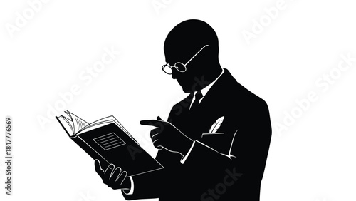 Silhouette of a man in a suit reading a book with glasses isolated on white background