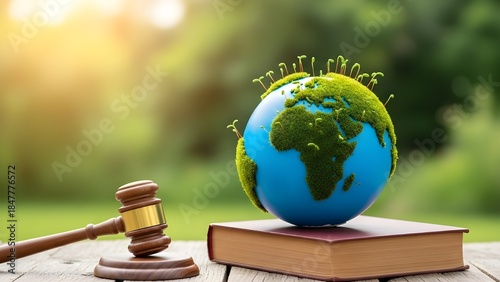 El martillo y el planeta tierra con musgo yacen en el libro, contra el bokeh verde.
 Concepto de ecología, derecho ambiental, protección de la naturaleza, justicia, regulación climática, sostenibilida