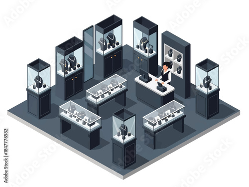 Isometric 3D view of a luxury jewelry store interior featuring elegant display cases and premium retail ambiance, perfect for luxury branding and high-end shopping concepts