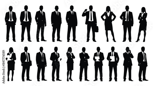 A collection of black silhouettes representing diverse business people in professional attire.