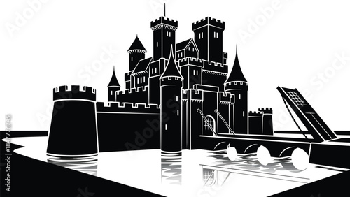 Silhouette of medieval castle with bridge and towers on , vector illustration isolated on white background