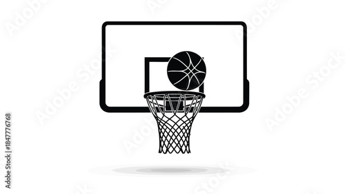 Vector illustration of basketball going through hoop on backboard, minimalist flat design isolated on white background