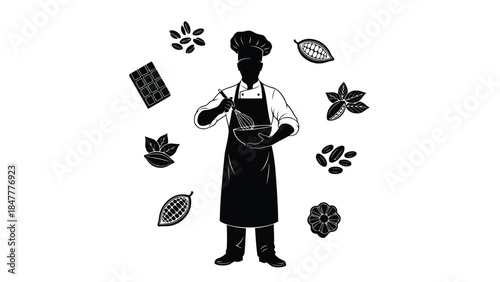 Silhouette of chef holding bowl surrounded by food ingredients Vector illustration isolated on white background