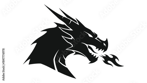 Black silhouette dragon head with flames vector illustration isolated on white background