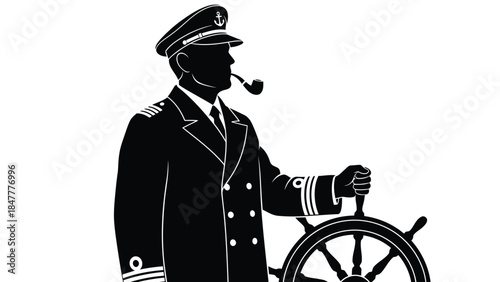 Sailor captain silhouette steering ship wheel Vector illustration isolated on white background