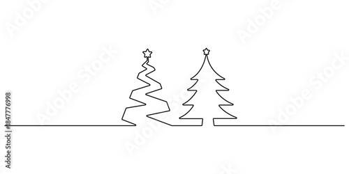Vector illustration of minimalist, continuous one-line drawing of two Christmas trees with stars on top