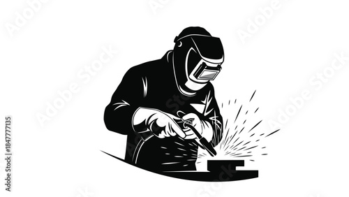Black silhouette of a welder wearing a protective mask working on a piece of metal Vector isolated on white background