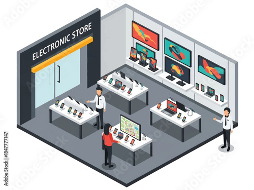 Isometric 3D view of an electronics store interior showcasing gadgets and digital devices, ideal for technology retail and innovation-themed visuals