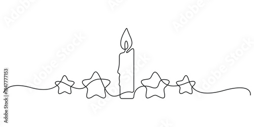 minimalist, continuous line drawing of a candle surrounded by stars, often associated with the holiday season