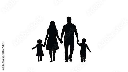 Family of four walking hand in hand silhouette isolated on white background