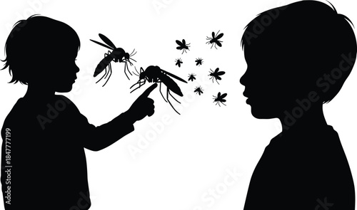 Childhood curiosity and mosquito awareness icon set, black silhouette illustration of children observing flying insects in nature graphic