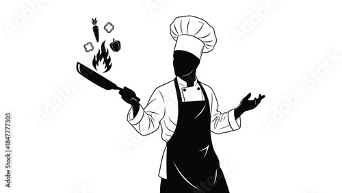 Black silhouette of chef tossing food in air with knife isolated on white background