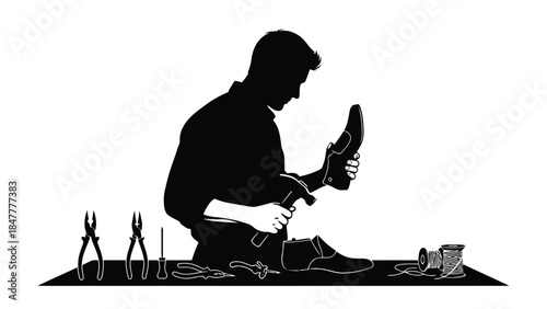 Man sitting on floor repairing shoe with tools around him in silhouette style isolated on white background
