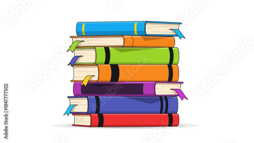 Vibrant stack of colorful books with bookmarks on white background