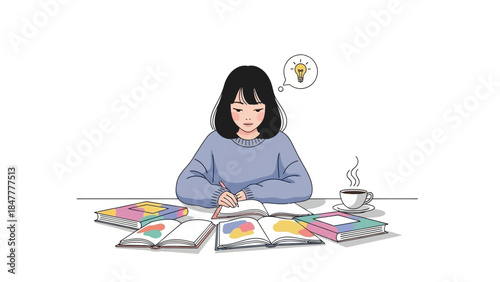 Young woman studying with books and cup of coffee, having an idea