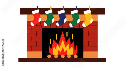 A festive brick fireplace with a roaring fire, adorned with five colorful Christmas stockings, creating a warm and cozy holiday atmosphere.