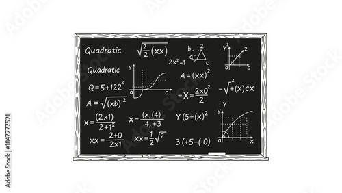 Blackboard filled with complex mathematical equations and graphs