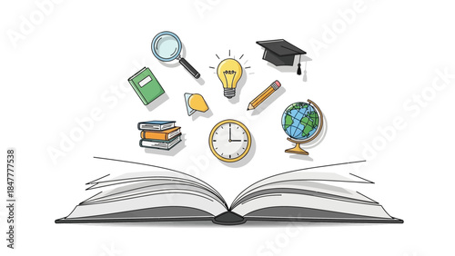 Education icons rising from open book on white background