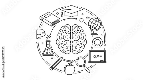 Education and learning concept with brain surrounded by school icons