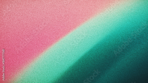 Abstract grainy gradient background with diagonal color flow and textured noise created from thousands of individual dots. Gentle pastel pink blends into fresh mint and teal shades for graphic design