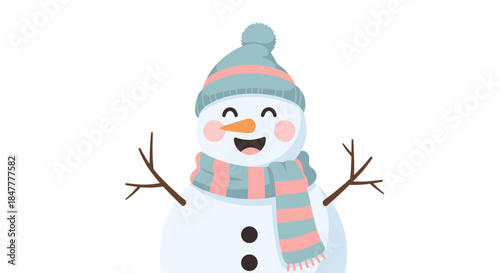 A cheerful snowman, adorned with a cozy striped scarf and knitted hat, smiles warmly, embodying the joyful spirit of winter holidays and festive seasons.