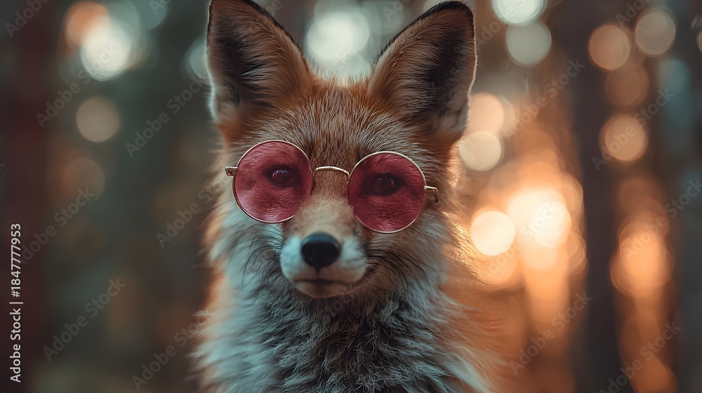 Obraz premium Cool Fox Wearing Pink Sunglasses in Autumn Forest.