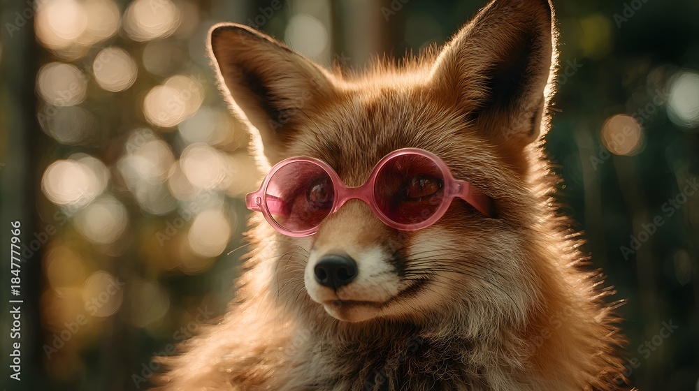 Naklejka premium Cool Fox Wearing Pink Sunglasses in Golden Hour Light.
