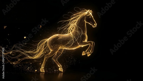 A holographic gold horse glowing in a dark void with luminous trails and digital spark bursts, creating a futuristic festive atmosphere with cinematic light and premium minimalist space.