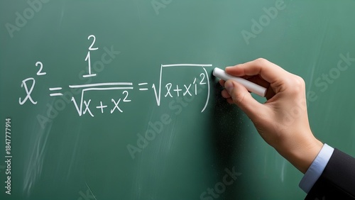 A person's hand in a suit is writing a complex mathematical equation on a green chalkboard using white chalk, illustrating education and problem-solving.