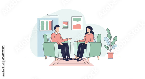 Two individuals engage in a thoughtful conversation, seated comfortably in armchairs within a modern, minimalist interior setting.