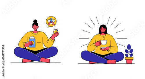 Two women engage in contrasting mindful activities, one contemplating a pill bottle and the other enjoying a peaceful cup of tea.