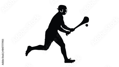 Black silhouette of a female field hockey player running with a stick and ball isolated on white background