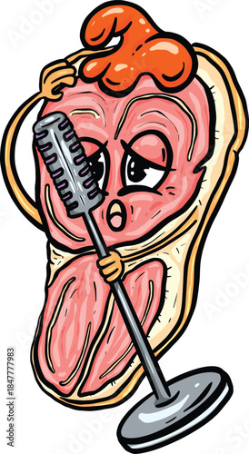 Cartoon Steak Bacon Character Singing into Microphone