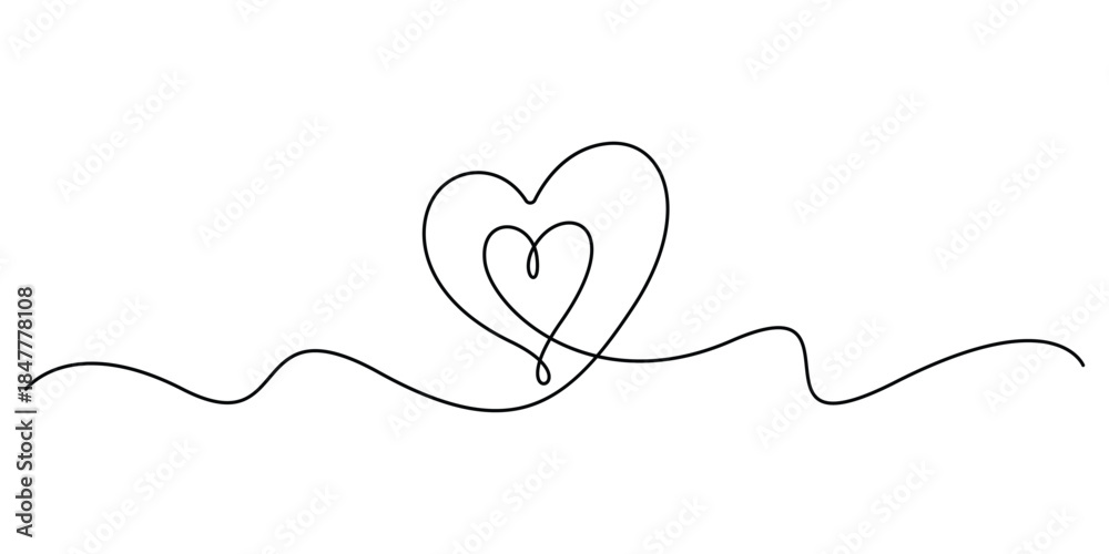 Fototapeta premium Continuous one-line drawing of two embracing hearts, a minimalist design symbolizing love and romance vector illustration