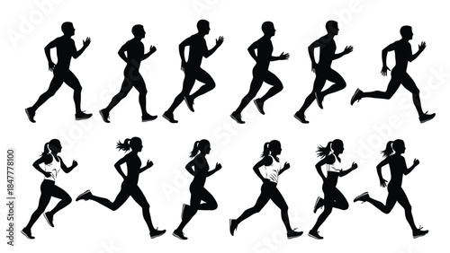 A collection of running silhouettes showing male and female athletes in various dynamic motion