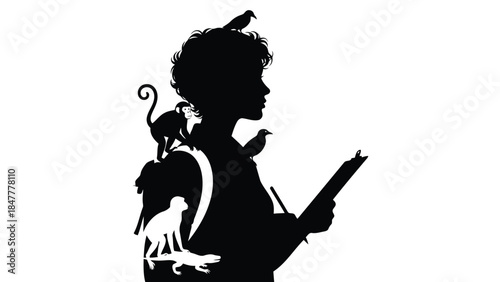 Silhouette of a child writing with animals around, vector illustration isolated on white background